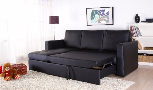 Unique Black Faux Leather Sectional Sofa Bed with Left Facing Storage Chaise sectional sofa bed with storage