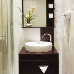 Unique small bathroom remodeling ideas wooden bathroom vanity and wall shelves  with mirror powder room vanities for small spaces