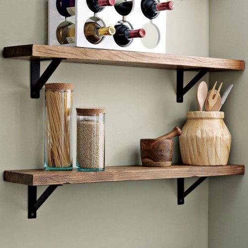 Chic Salvage wood shelves with simple metal brackets. Great idea for a bathroom wooden wall shelves