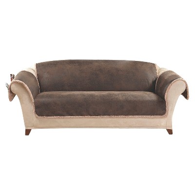 brown vintage leather sofa slipcover - sure fit® RVZZYXW