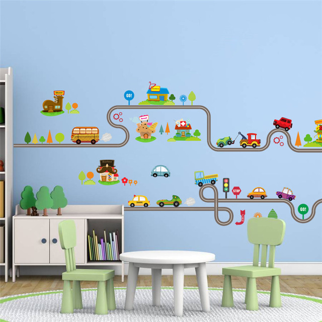 children wall stickers cartoon car bus highway track wall stickers for kids rooms childrenu0027s SQLNCYX
