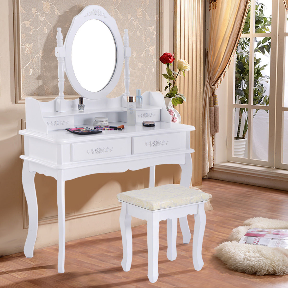 costway white vanity jewelry makeup dressing table set bathroom w/stool 4 MPQHEFX