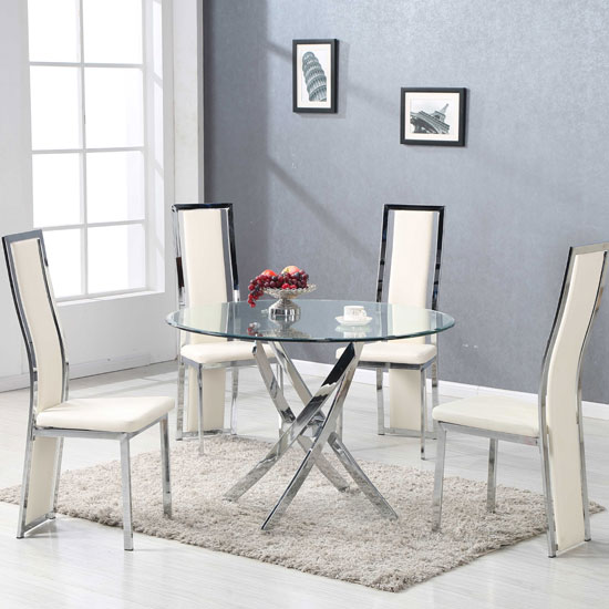 daytona round glass dining table with 4 collete cream intended for JCDGMSJ