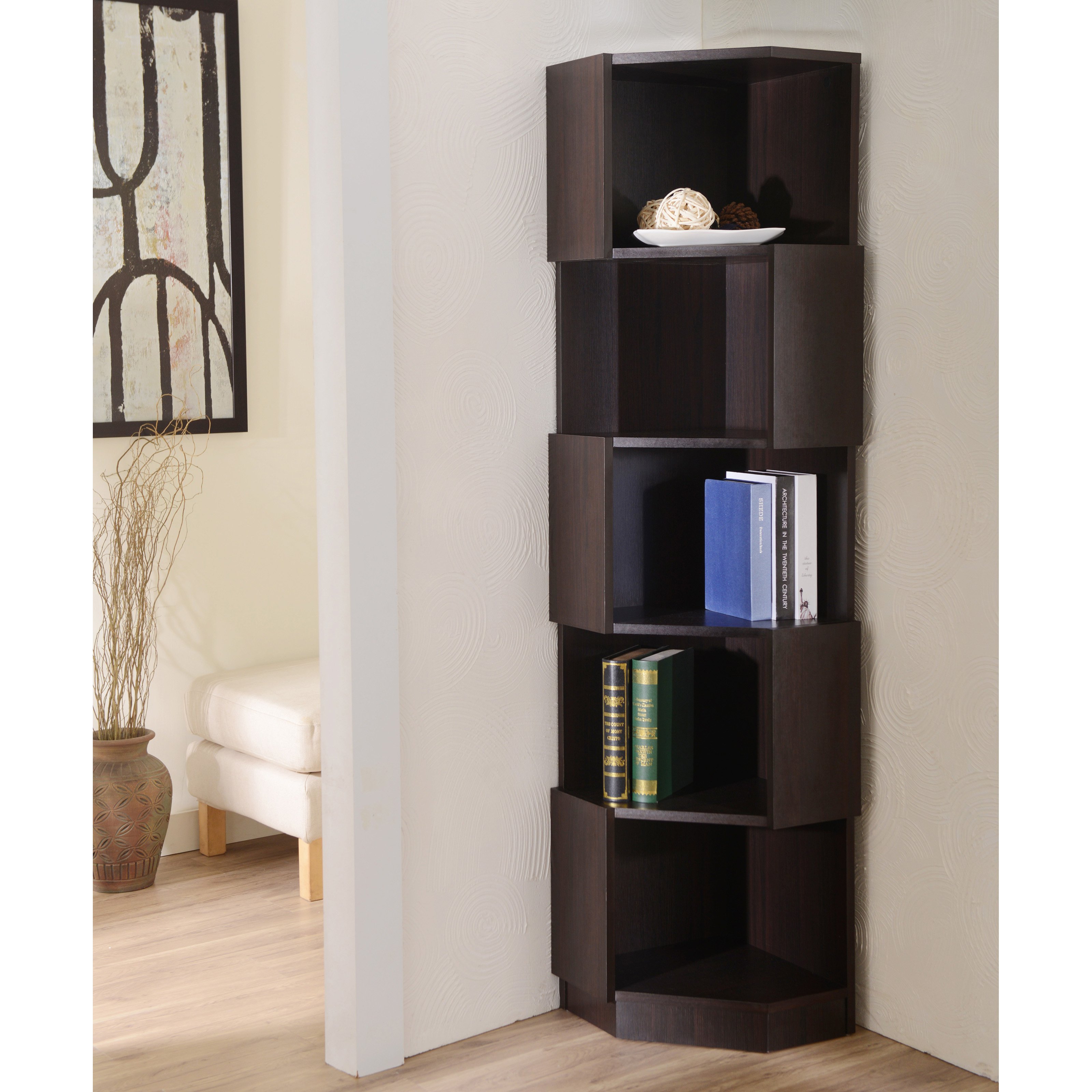 furniture of america laina geometric espresso 5-shelf corner bookshelf - HCFXZMM