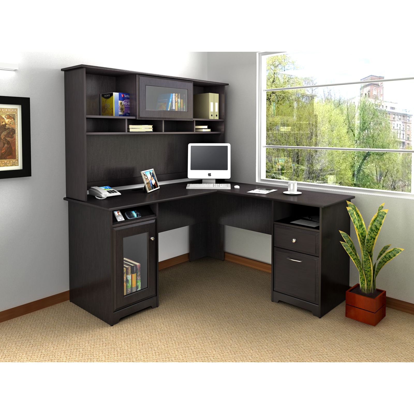 l shaped desk bush cabot l-shaped desk with optional hutch | hayneedle APXHRAM
