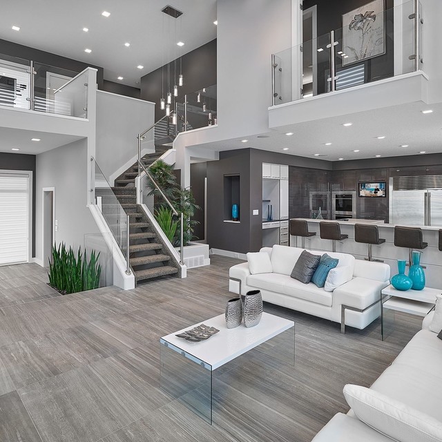 living room designs inspiration for a contemporary open concept gray floor living room remodel LYGJGUE