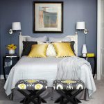 mustard, black, cream and gray bedroom color scheme MUOWOXB
