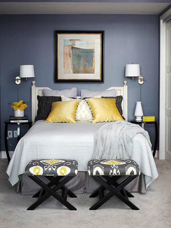 mustard, black, cream and gray bedroom color scheme MUOWOXB