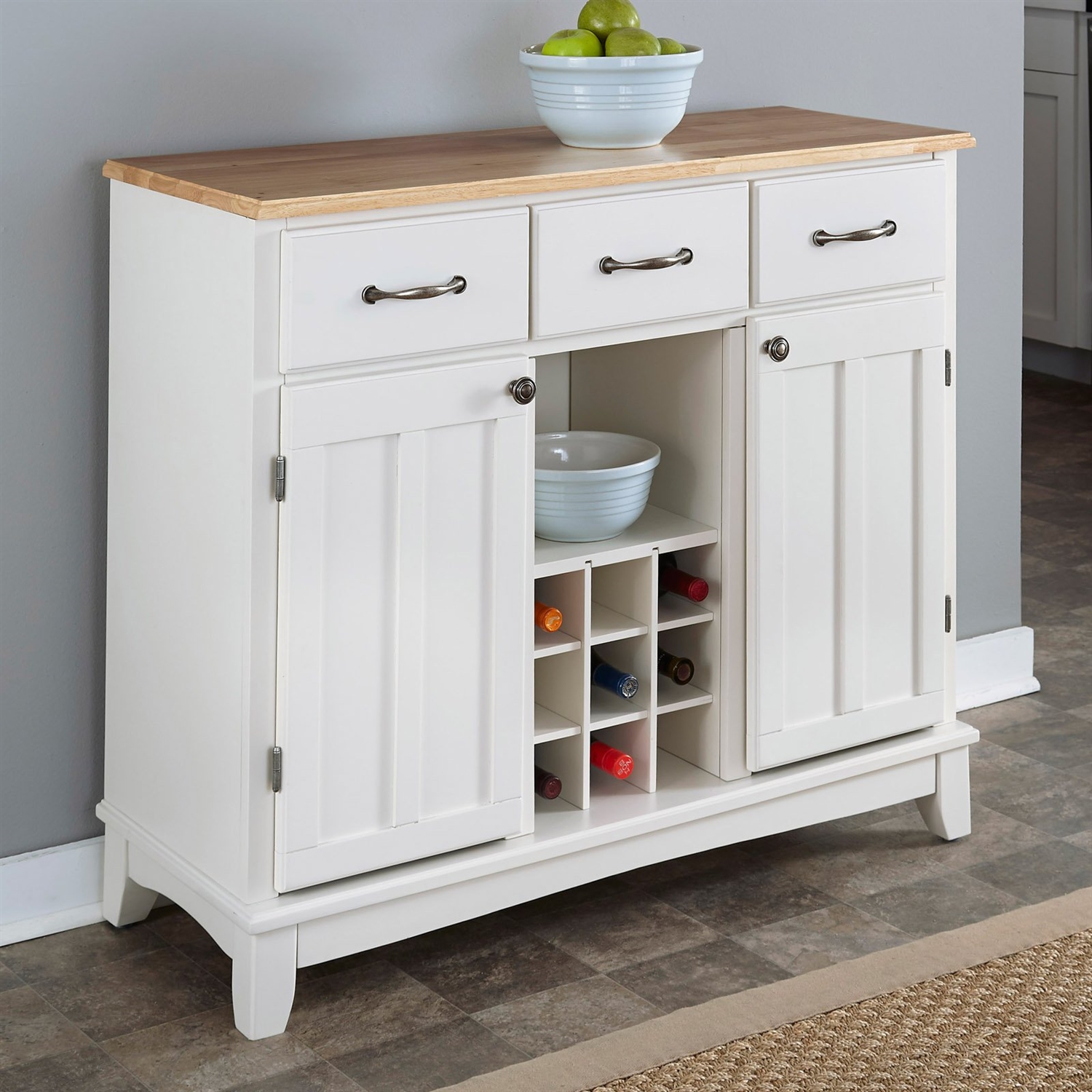 natural wood top kitchen island sideboard cabinet wine rack in white SOQHJPH