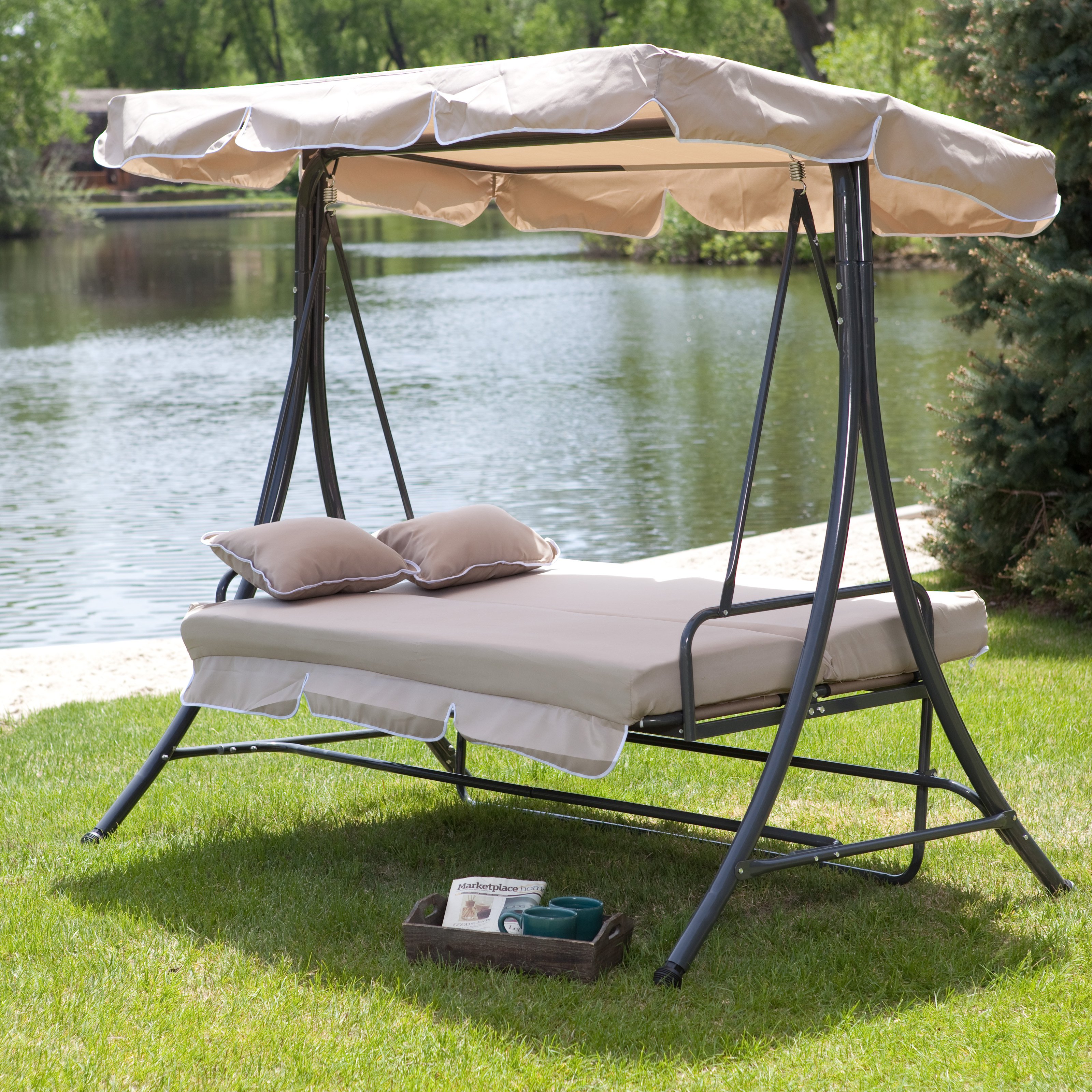 outdoor swings coral coast lazy caye 3 person all-weather swing bed with toss TANYONH