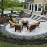 patio ideas stairs, firepit, paver patio with travertine, back yards, patio EALQUXU