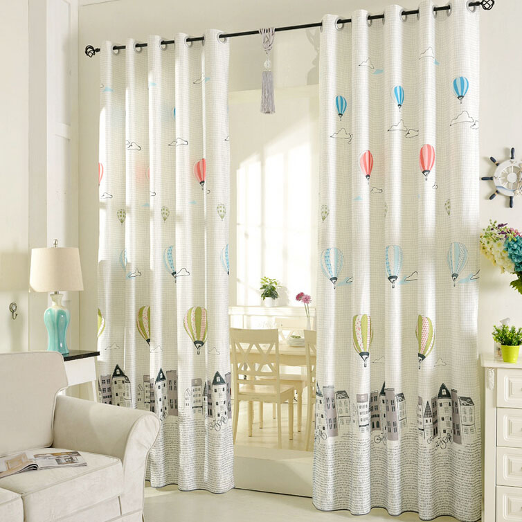 printed air balloon pattern beige poly/cotton blend kids curtains ZNTLVSX
