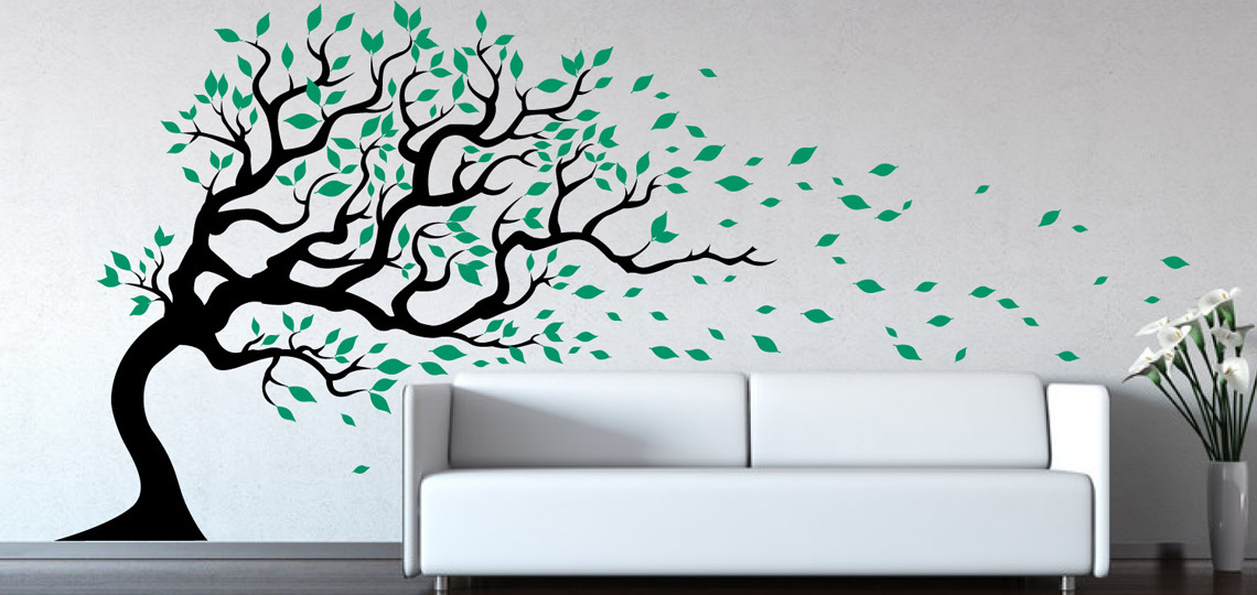 tree wall stickers tall tree wall decal - wind blowing flying leaves - large GOOCDCP