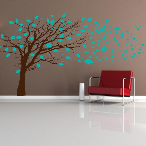 tree wall stickers tree with turquoise blowing leaves wall decal XZJJTVW