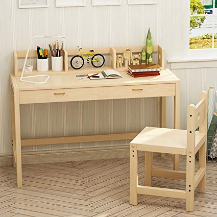 tribesigns unfinished kids study desk and chair set with hutch, height LMIYCKL