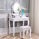 white vanity wood makeup dressing table stool set bedroom with mirror HBEXOLN