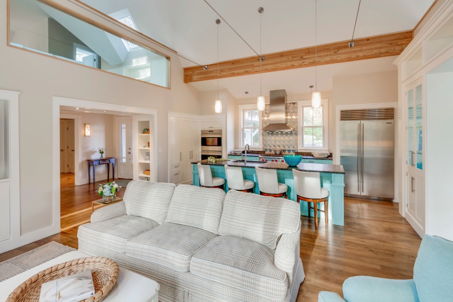 open floor plan aqua blue kitchen island