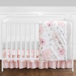 Blush Pink, Grey and White Watercolor Floral Baby Girl Crib Bedding Set
