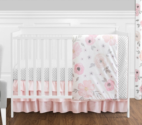 Blush Pink, Grey and White Watercolor Floral Baby Girl Crib Bedding Set