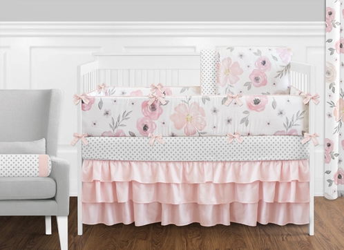 Blush Pink, Grey and White Shabby Chic Watercolor Floral Baby Girl Crib  Bedding Set with Bumper by Sweet Jojo Designs Rose Flower Polka Dot