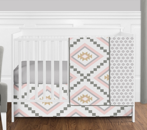 Blush Pink and Grey Boho and Tribal Aztec Baby Girl Crib Bedding Set