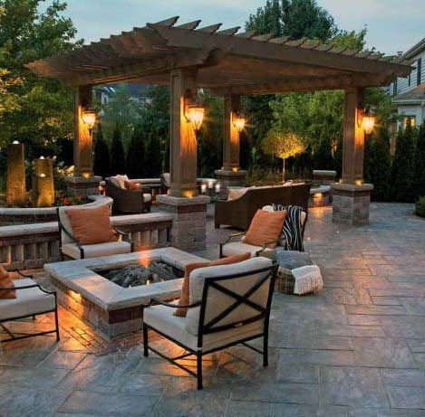 Backyard Ideas Stamped Concrete Patio With Covered Wood Pergola