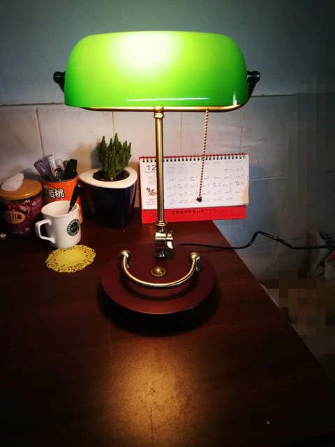 Bankers desk lamp vintage table lighting fixture green glass cover shade  birch wood base antique adjustable