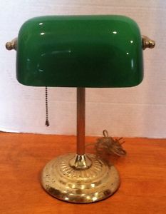 Image is loading VINTAGE-ART-DECO-BRASS-BANKERS-DESK-LAMP-EMERALD-