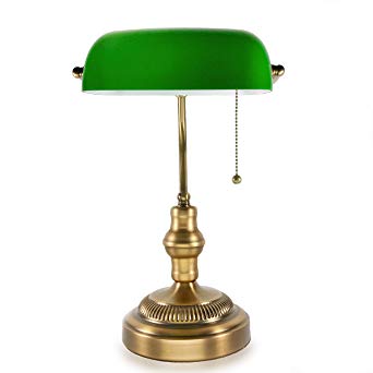 Traditional Bankers Lamp, Brass Base, Handmade Emerald Green Glass Shade,Vintage  Office Table