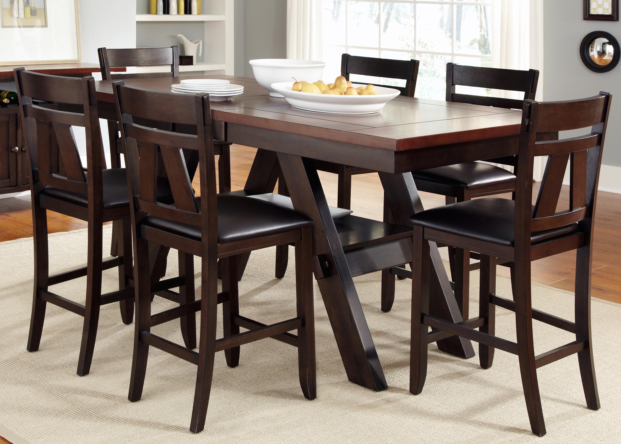 7 Piece Trestle Gathering Table with Counter Height Chairs Set