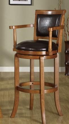 Sturdy wooden bar stool with arms and upholstered back and seat.