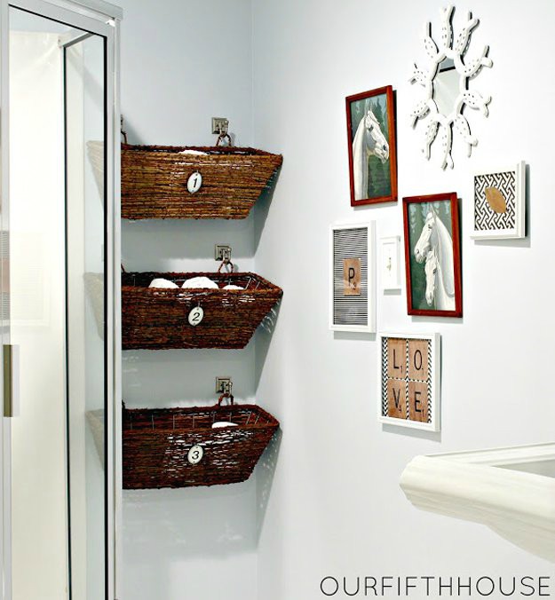 Hanging baskets on the wall and frame design | Bathroom Decorating Ideas On  A Budget