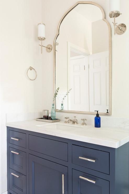 BLue Bath Vanity with Uttermost Kenitra Arch Wall Mirror