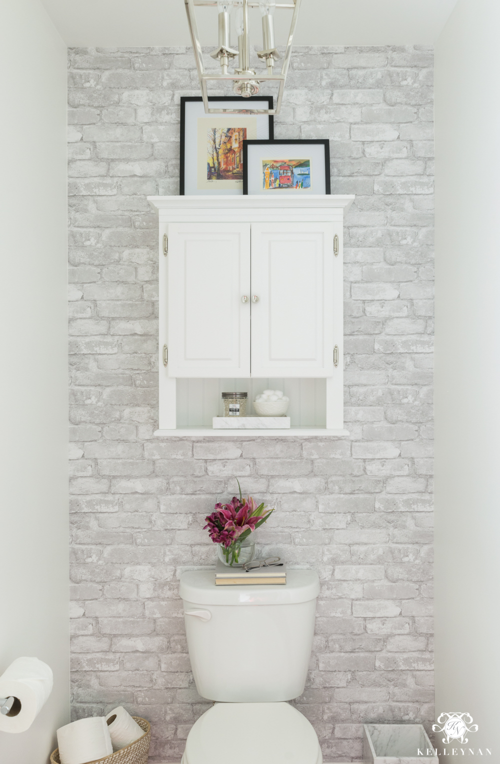 Toilet Room Makeover with Cabinet for Storage Above Toilet