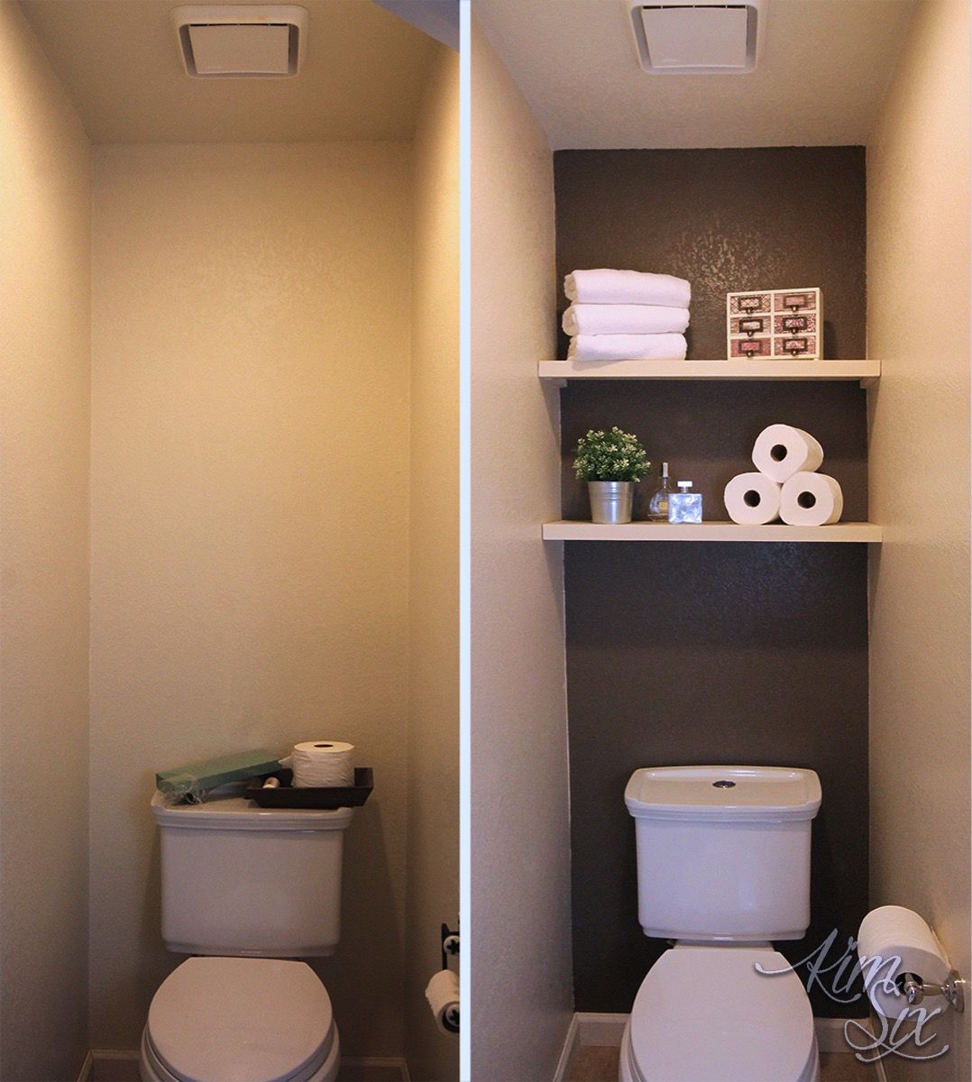 A dramatic water closet makeover with an accent wall and floating shelves  for storage! So easy and inexpensive!