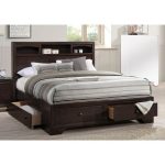 Wooden Queen Bed With Display Shelves & Under Bed Drawers Dark Brown
