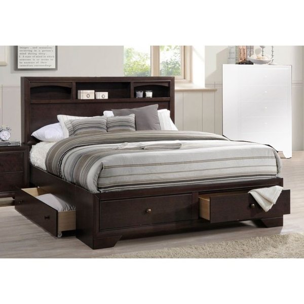 Wooden Queen Bed With Display Shelves & Under Bed Drawers Dark Brown