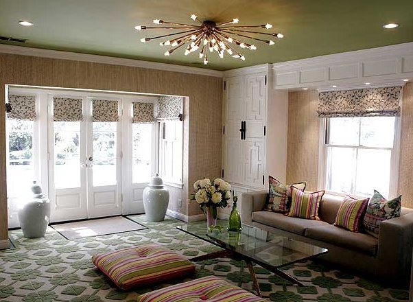 Love how so many different patterns created such a cohesive look. Great  statement light for a low ceiling. More