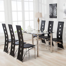 7 Piece Dining Table Set and 6 Chairs Black Glass Metal Kitchen Room  Breakfast