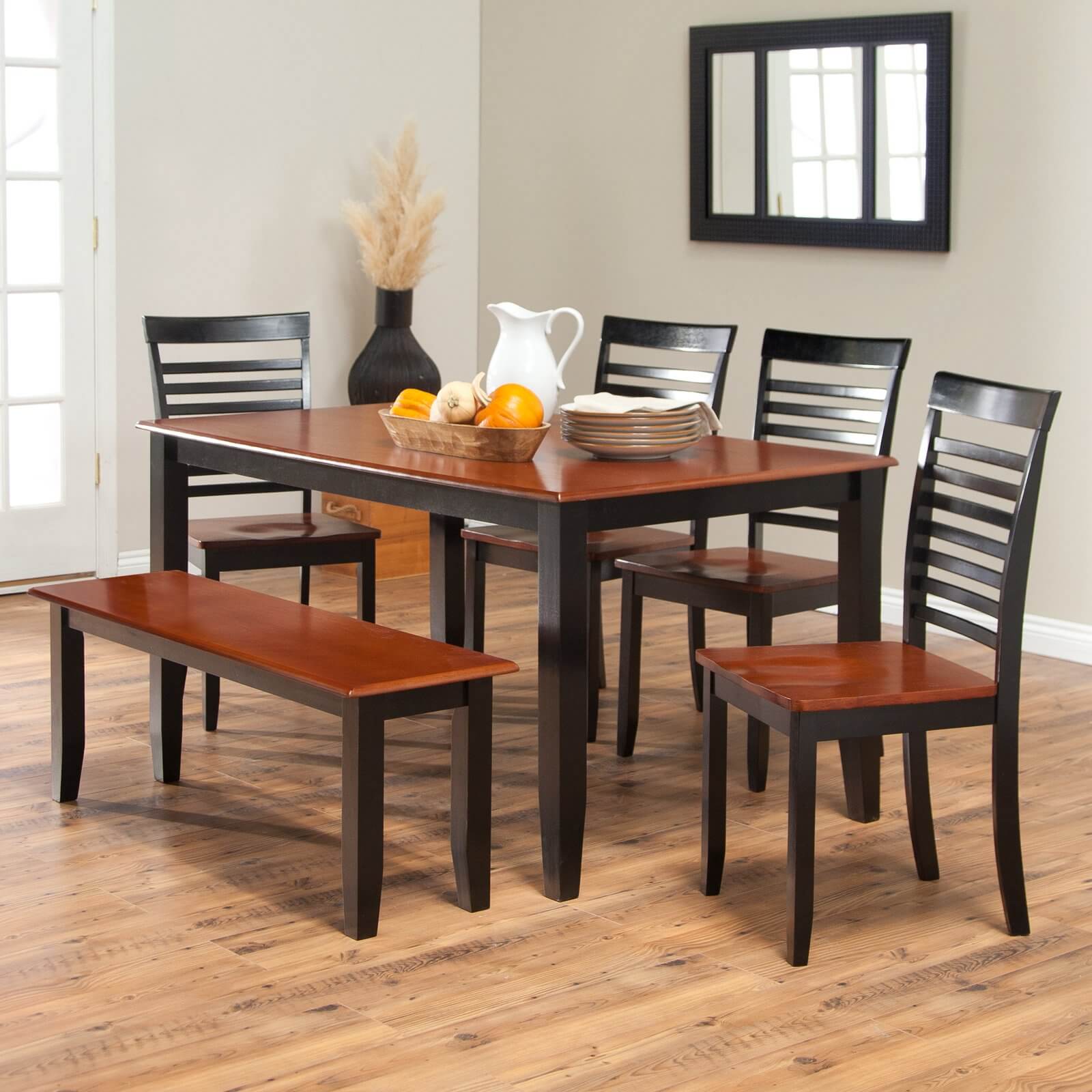 Simple two-toned dining set with bench. The seats and table top are cherry