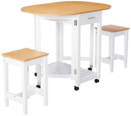 Basicwise QI003279.3 3 Piece Kitchen Breakfast Bar Set with casters, Drop  Down Island