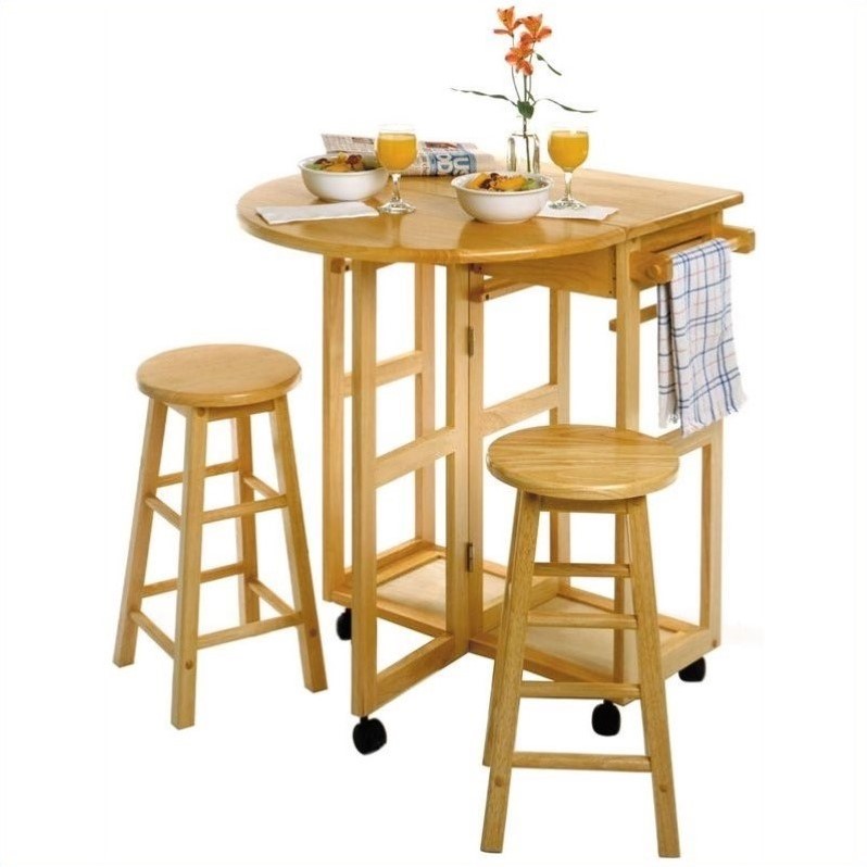 Mobile Breakfast Bar/Table Set with 2 Stools in Natural