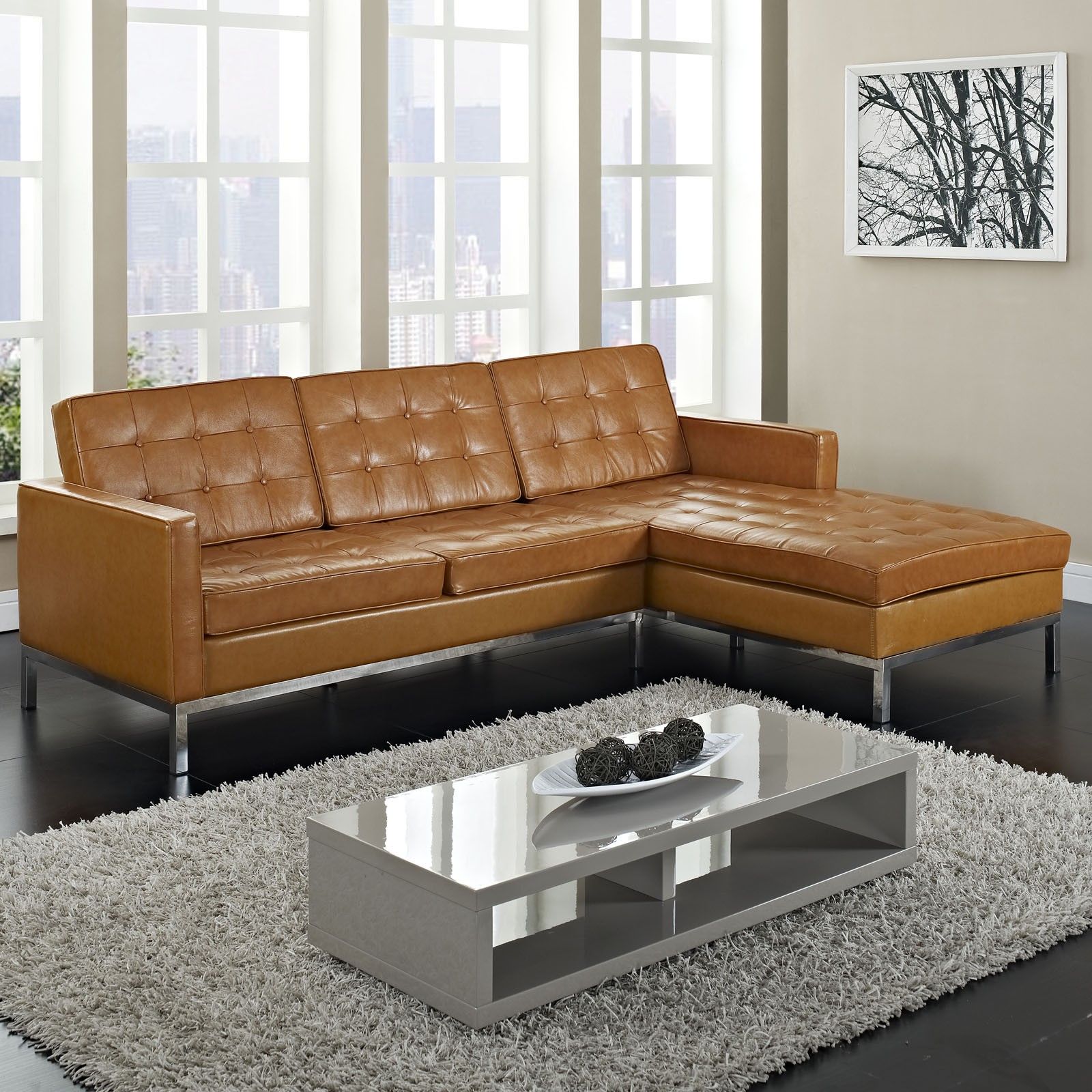 Furniture, Maximizing Small Living Room Spaces With 3 Piece Brown Leather  Tufted Sectional Sofa With Stainless Steel Legs And Glass Top Low Coffee  Table