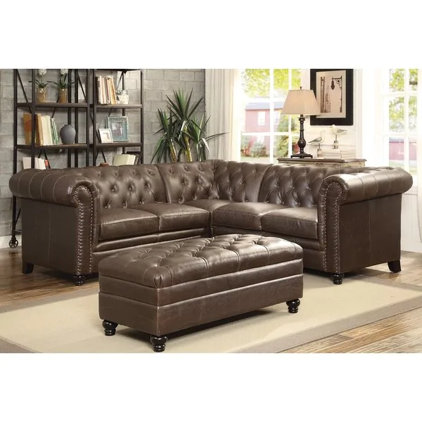 Brown Leather Tufted Sectional Sofa