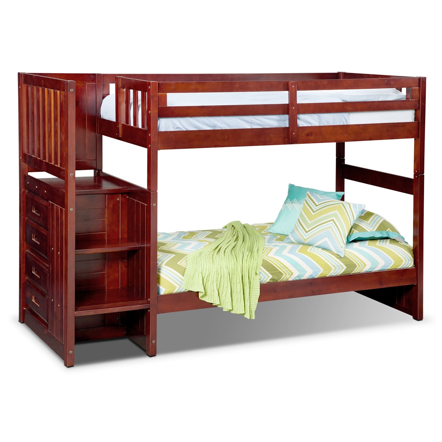 Kids Furniture - Ranger Twin over Twin Bunk Bed with Storage Stairs - Merlot