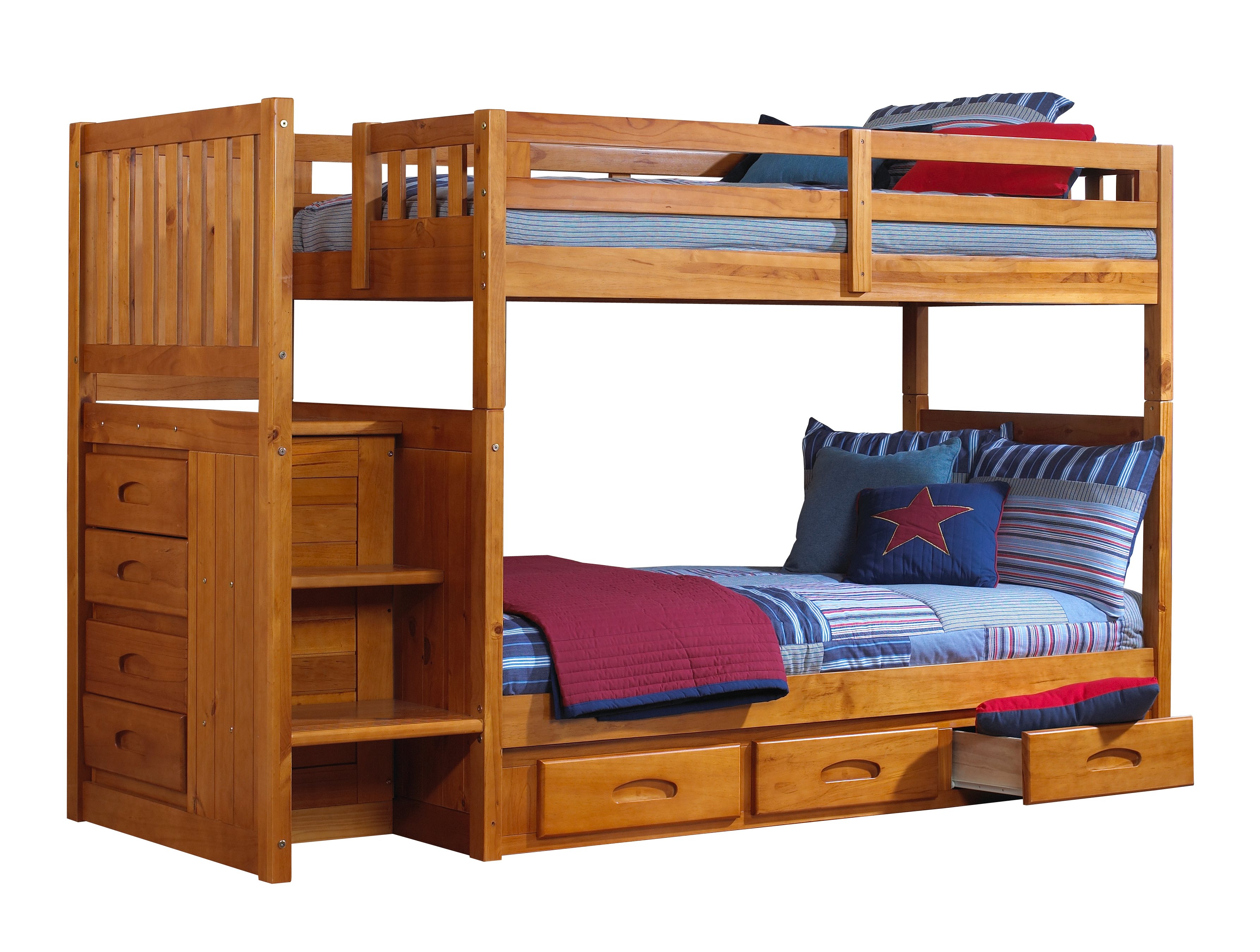 Discovery World Furniture Twin over Twin Honey Mission Staircase Bunk Beds