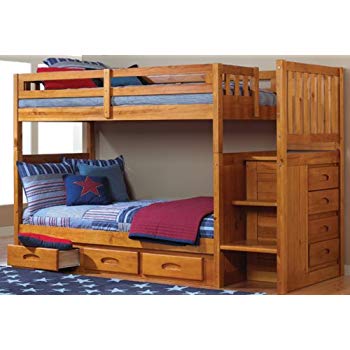 Discovery World Furniture Mission Twin Over Twin Staircase Bunk Bed with 3  Drawers in Honey Finish