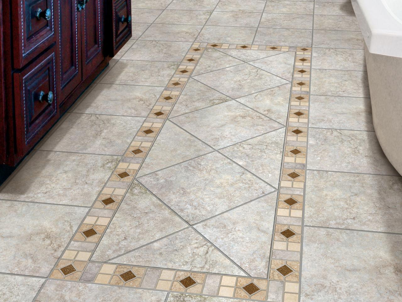 Gray Tile Floor With Inset Diamond Mosaic