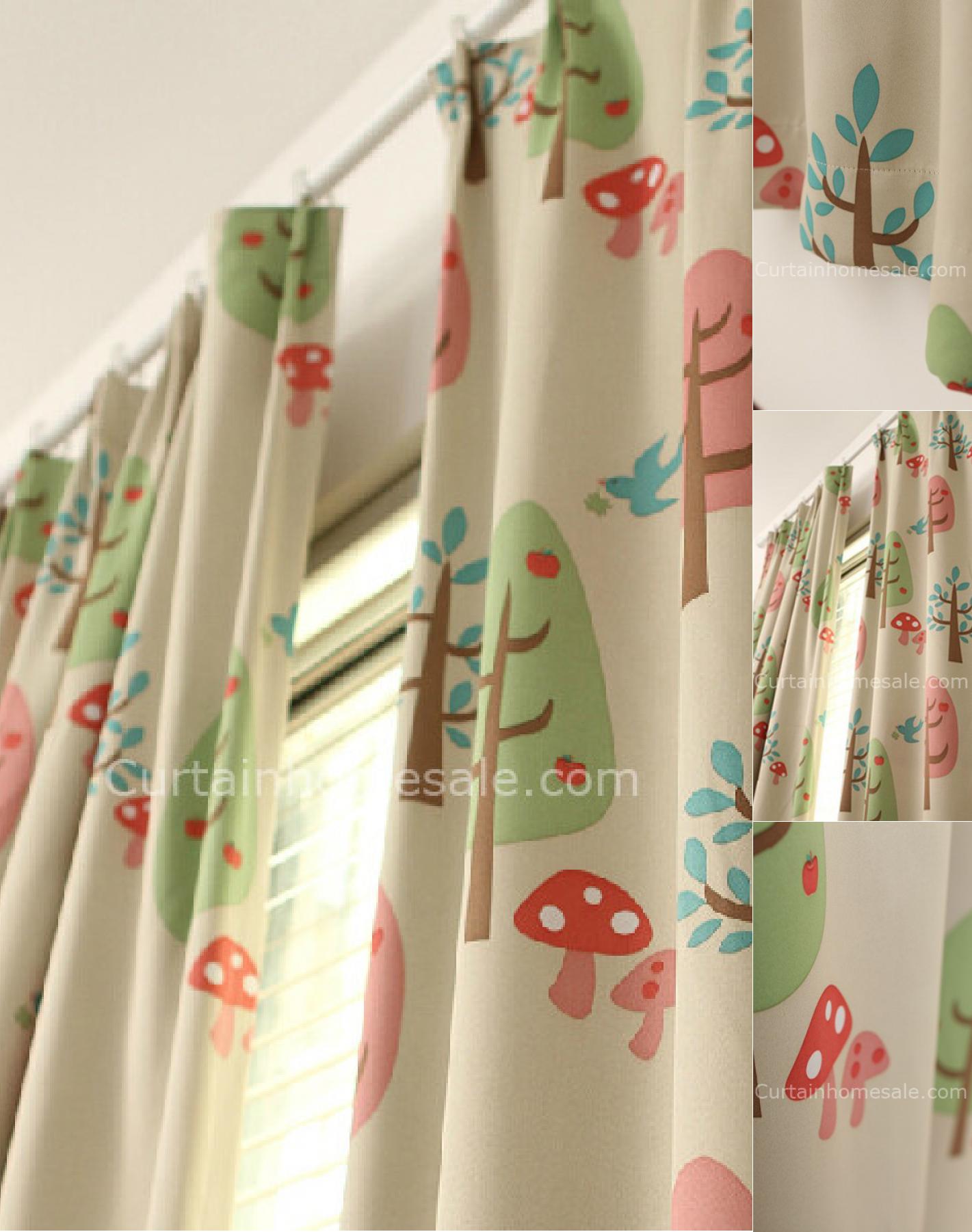 Cutest Blackout Kids Trees and Mushroom Printed Pleated Curtains