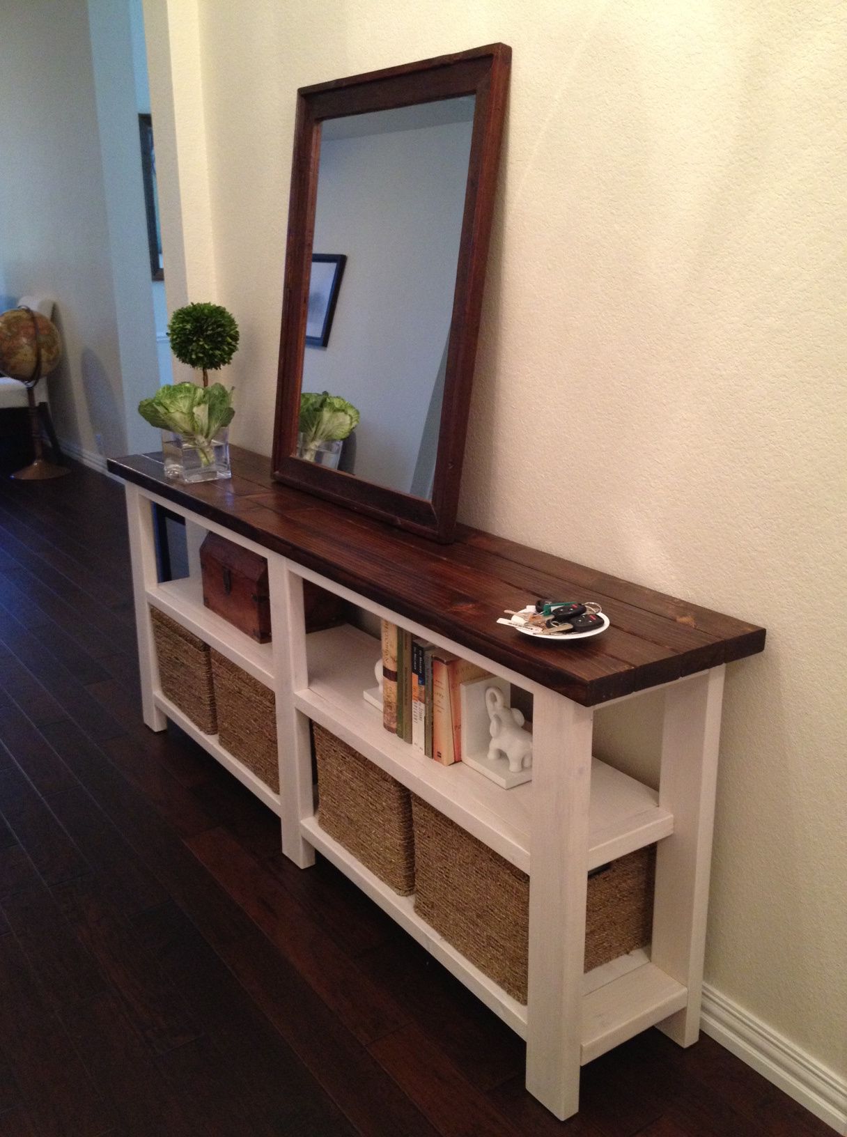 Thin entryway table with mirror & storage - Love it! You could also just  hang the mirror on the wall, and have more table space. This would be a  great place